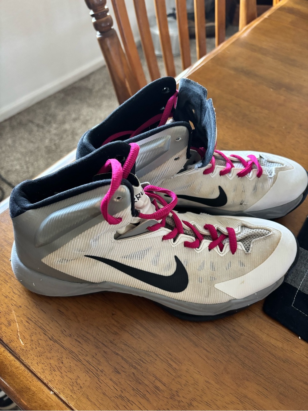 Nike Women’s White & Gray High-Top Basketball Shoes with Pink Laces